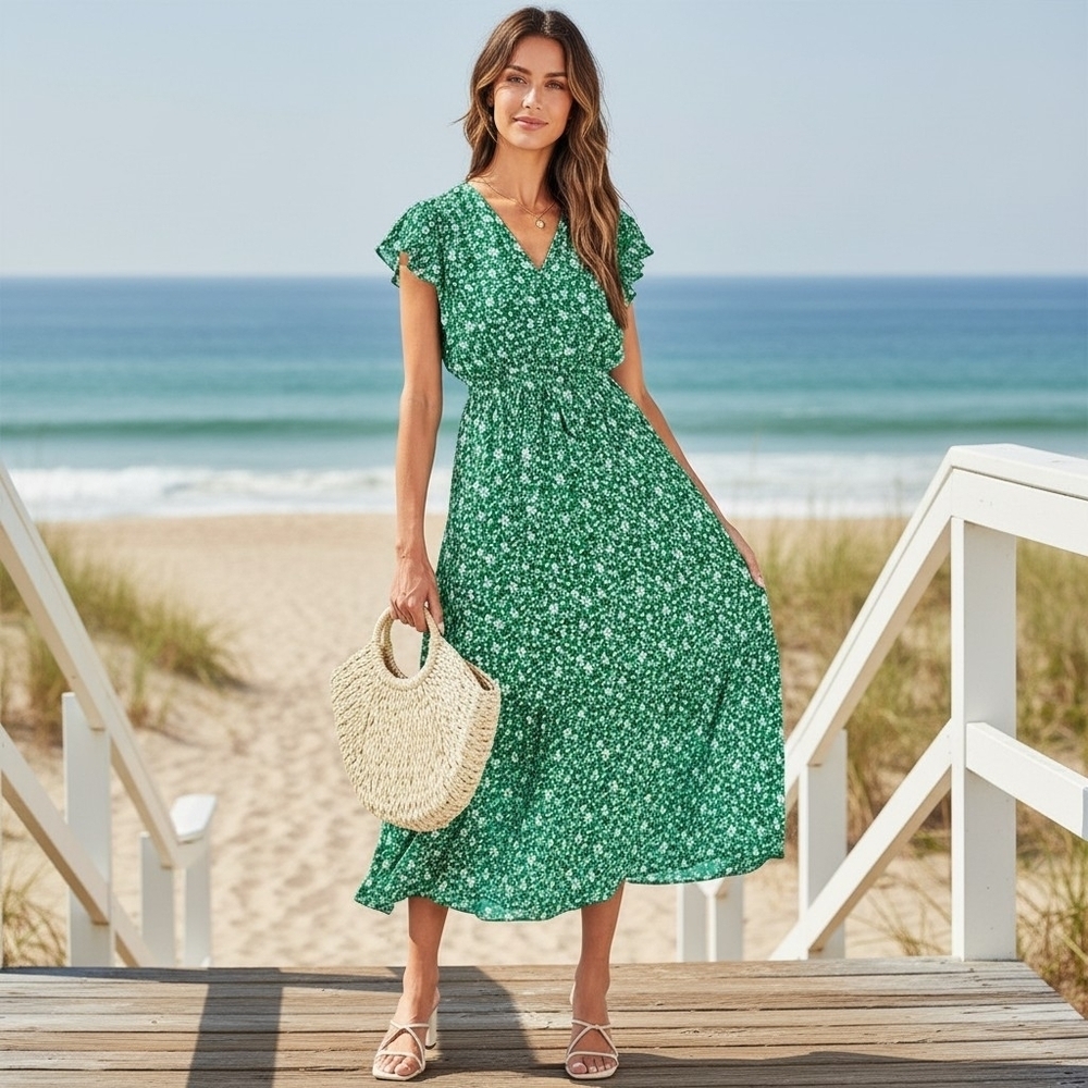 Green And White Floral Dress